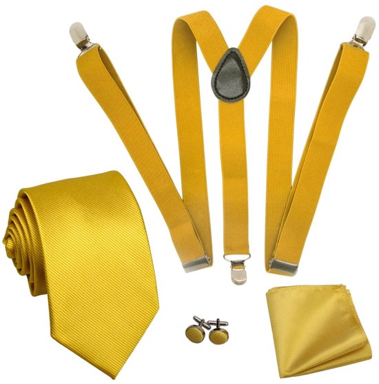Foto: Luxe set stropdas inclusief bretels pochette en manchetknopen goud luxe bretels met stevige clip pochet heren giftset cadeau