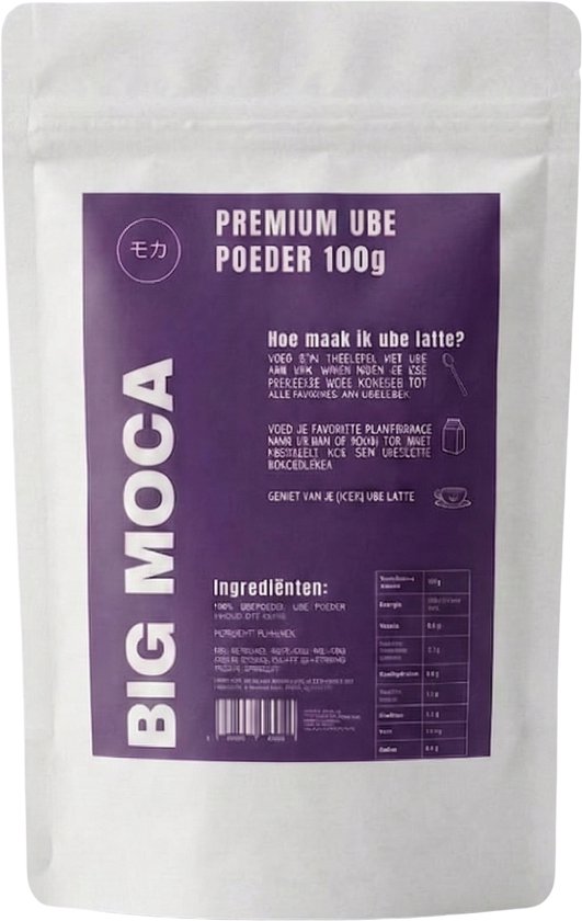 Witte verpakking met 'BIG MOCA' logo en 'PREMIUM UBE POEDER 100g' in paarse letters.