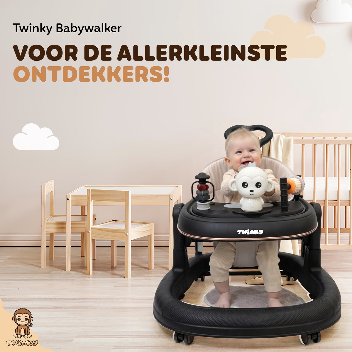 Twinky® Babywalker GO - 4-in-1 Loopstoel Baby & Loopwagen met 3-delige speelset – Loopstoeltje & Loopkar Inklapbaar inclusief Voetenmat en Steel – foto 4