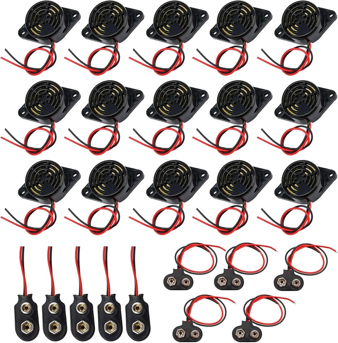 Set van 15 Actieve Piezo Zoemers (3-24V) met 10 Stuks 9V Batterijconnectoren - Continu & Intermitterend Alarm