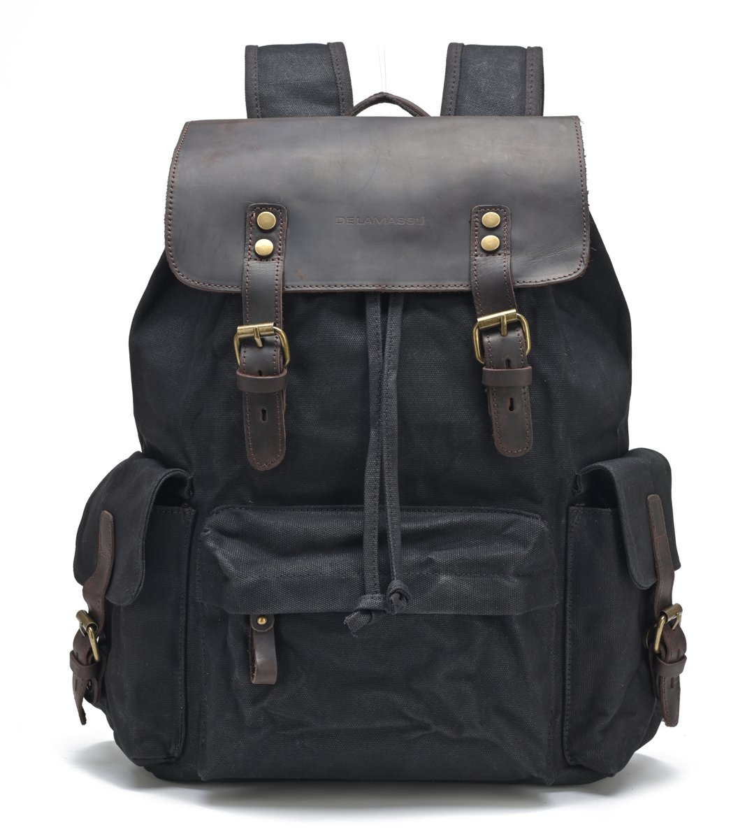 DE LAMASSU® Vintage Canvas Laptoptas 15 inch – Motor & Fiets Geschikt – Harde Achterkant – Messenger Bag – Canvas & Echt Leer – 40x28x10 cm