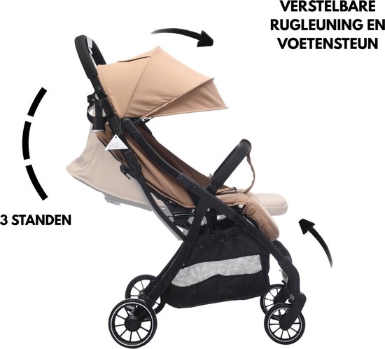 Cabino® Buggy Compact PLUS + Makkelijk Inklapbaar - Geschikt Voor Vliegtuig (Handbagage) & tot 22kg Wandelwagen Buggy Met Verstelbare Rugleuning en Grote Boodschappenmand Inclusief Reishoes & Bekerhouder - Beige van Cabino — afbeelding 3