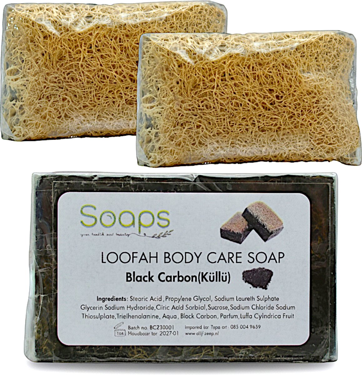 2x Black Carbon met Natuurlijke Luffa Spons – Loofah Body Care Zeep – Scrub & Reiniging – Voor Lichaam, Gezicht en Handen – Badzeep met Exfoliërende Werking