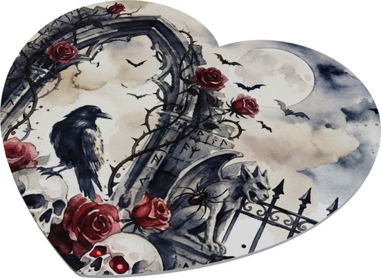 Gothic Raaf op Schedel met Rode Rozen en Volle Maan Aquarel Series - Hartvormige Muismat - Romantische Dark Fantasy Bureau Decoratie en Werkplek Accessoires - Magisch en Uniek Cadeau voor haar: Vriendin & Collega - Alternatief Design
