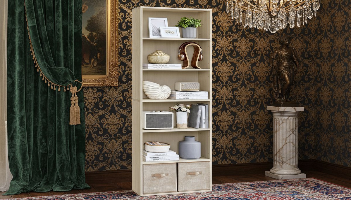 Boekenkast 6 Vakken House&Garden – Staand Open Opbergrek – Minimalistisch Houten Rek voor Woonkamer, Thuiskantoor en Eetkamer – Verstelbare Planken, Anti-Kantelset – Natuurlijk Beige