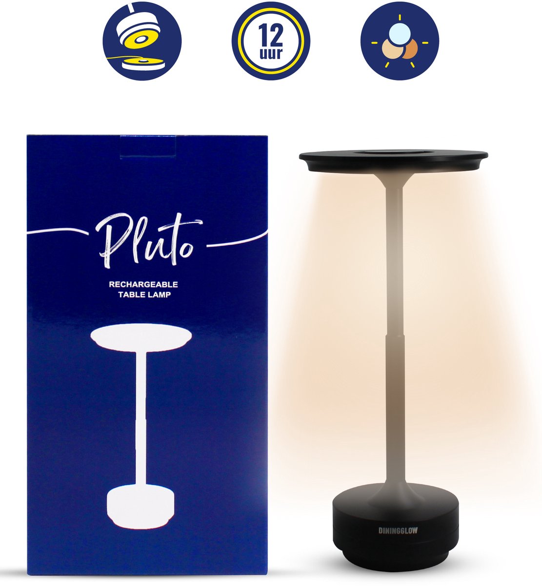 DiningGlow® Pluto - Industrieel Zwart - Oplaadbare Tafellamp LED - Dimbare Draadloze Lamp - Kleine Schemerlamp voor Binnen & Professioneel - Woonkamer, Eettafel & Slaapkamer tafel - Tafellampje Bureau - Draadloos tot 12 uur licht