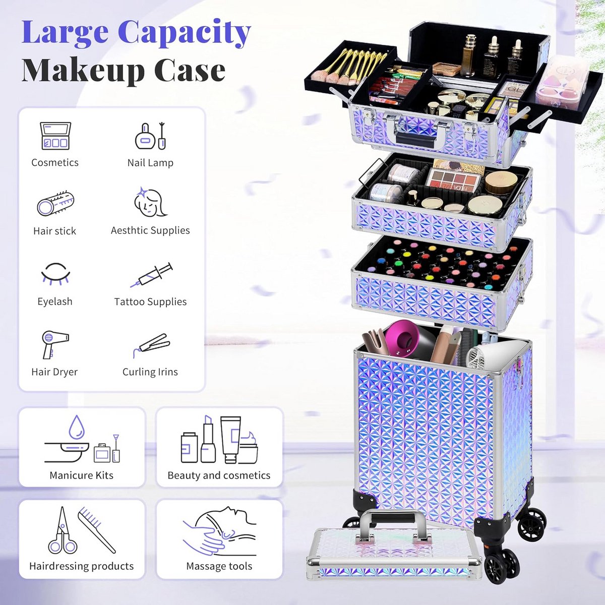 5-in-1 Hoge Make-up Koffer op Wielen voor Dames en Professionals