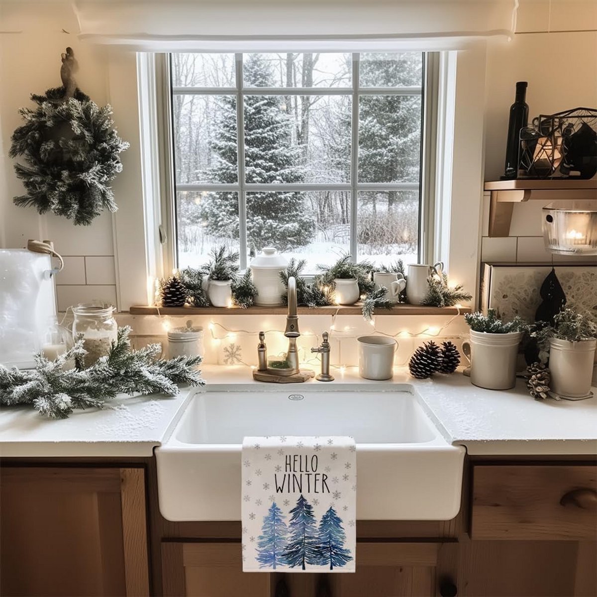 Set van 2 Winterse Keukentheedoeken met Sneeuwpop en 'Let It Snow' Thema