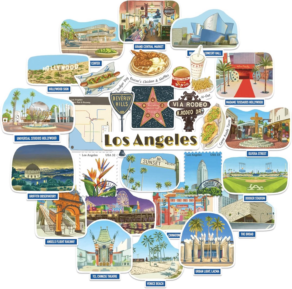 Stad Reisstickers Los Angeles Set (28 stuks) voor Waterfles en Laptop