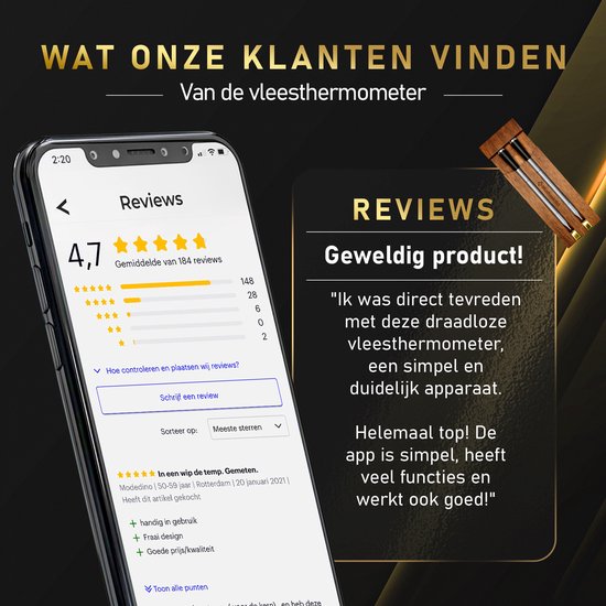 Een smartphone die de klantrecensies voor de vleesthermometer toont, met een 4,7 sterrenbeoordeling.