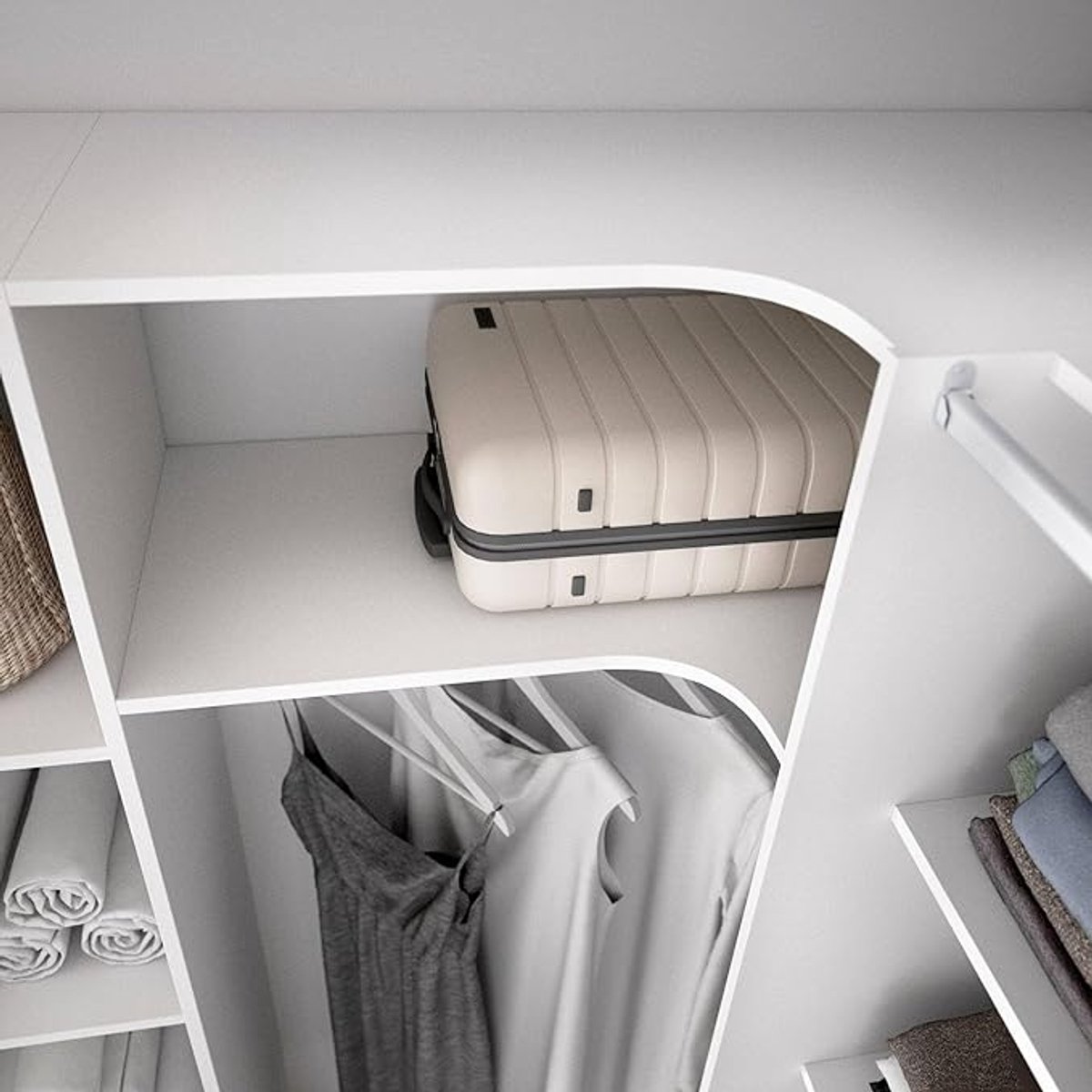 Kledingkast 234 x 141 x 205 cm – Grote Uitschuifbare Garderobekast met 13 Planken, 2 Laden en 3 Kledingroedes – Modern Wit – Verstelbaar 164-234 cm – Abkantoor Biaena Luxe Opbergkast – Abkantoor