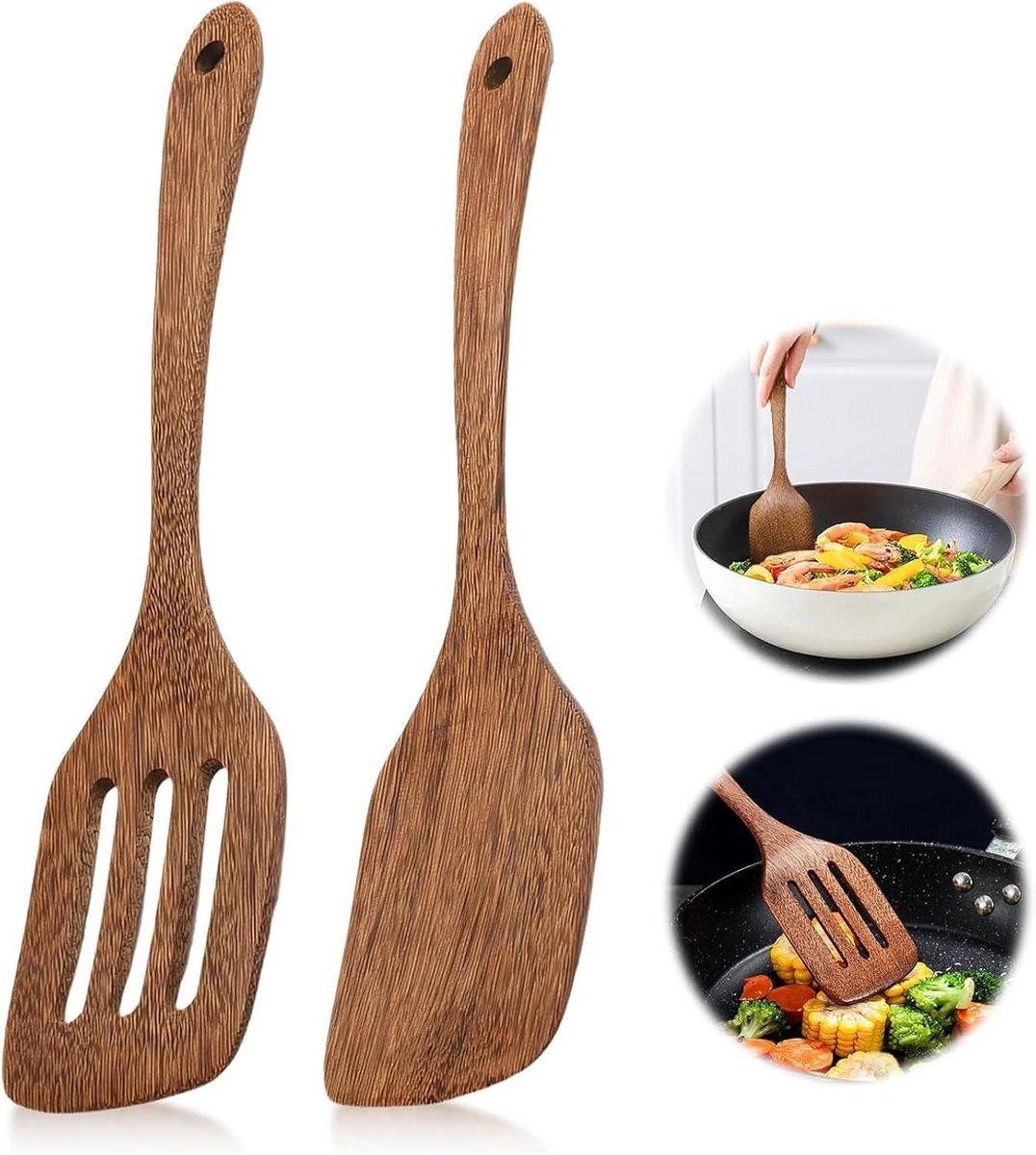 2 Houten Spatels Set - 30 cm Lange Houten Keukenspatel met Sleuf