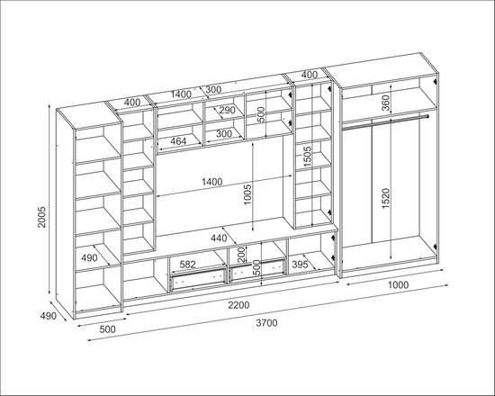 Technische tekening van een grote eikenhouten woonwand met afmetingen in cm.