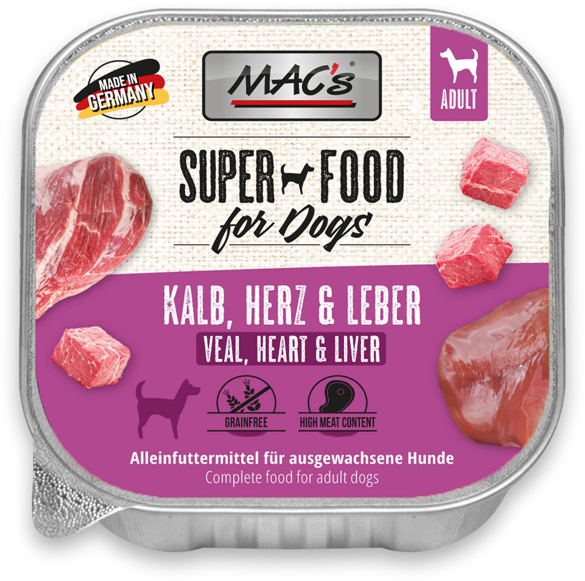 MACS hondenvoer natvoer Kalfsvlees, hart & lever 10 x 150g kuipjes hondenvoer - hoog vers vlees gehalte 99%