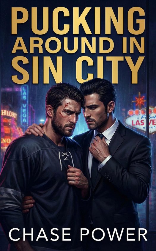 Titel: Pucking Around in Sin City. Een boekcover met twee mannen, een in een hockeytenue met gezichtsverwondingen, de ander in een zwart pak. Achtergrond van Las Vegas bij nacht.
