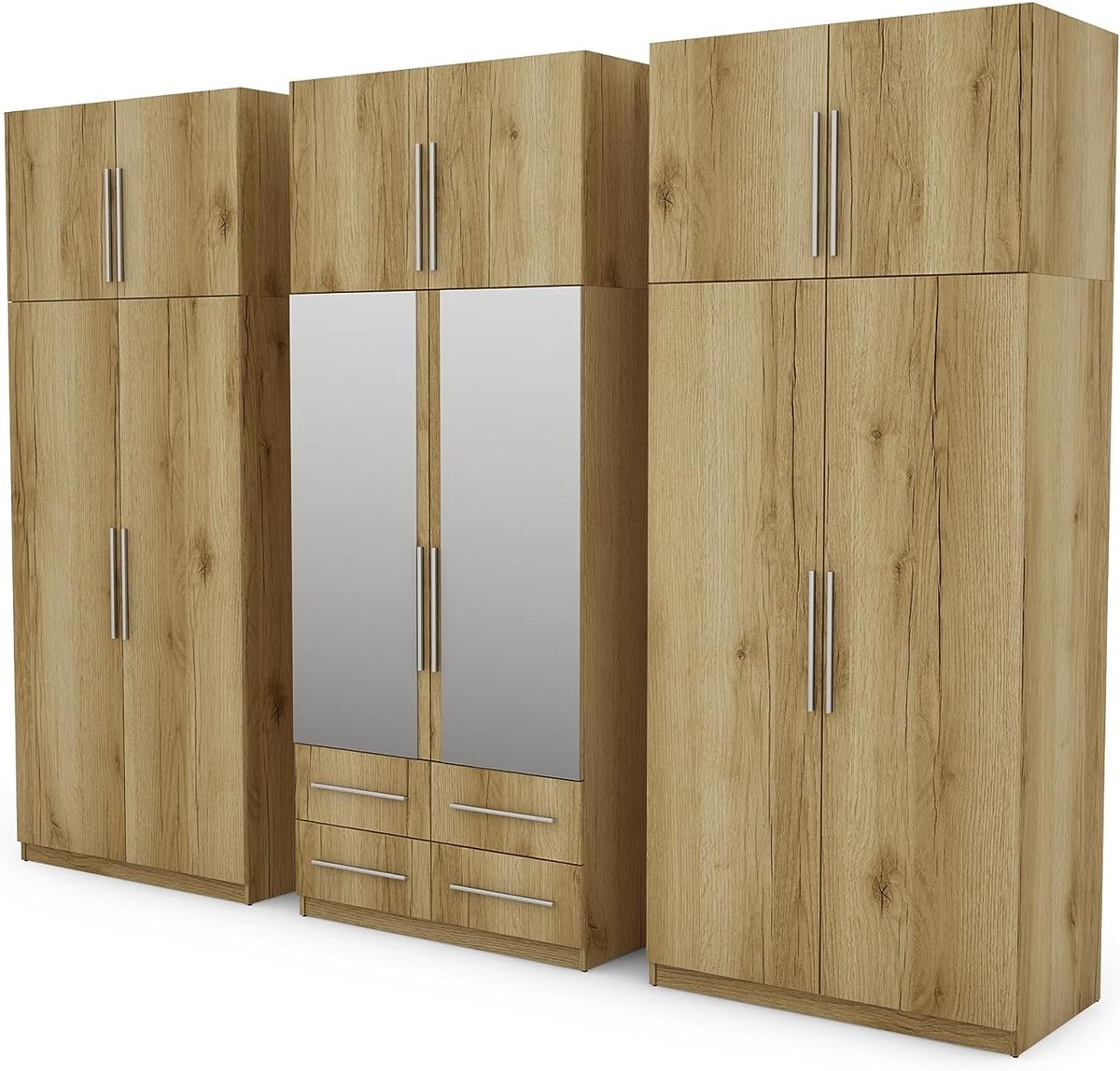 Moderne Ruime Kledingkast met Spiegel 300x240 cm – Slaapkamerkast met Planken, Laden en Kledingstang – Eik Grand – Duurzame Garderobe voor Slaapkamer, Hal of Kleedkamer – ABkantoor