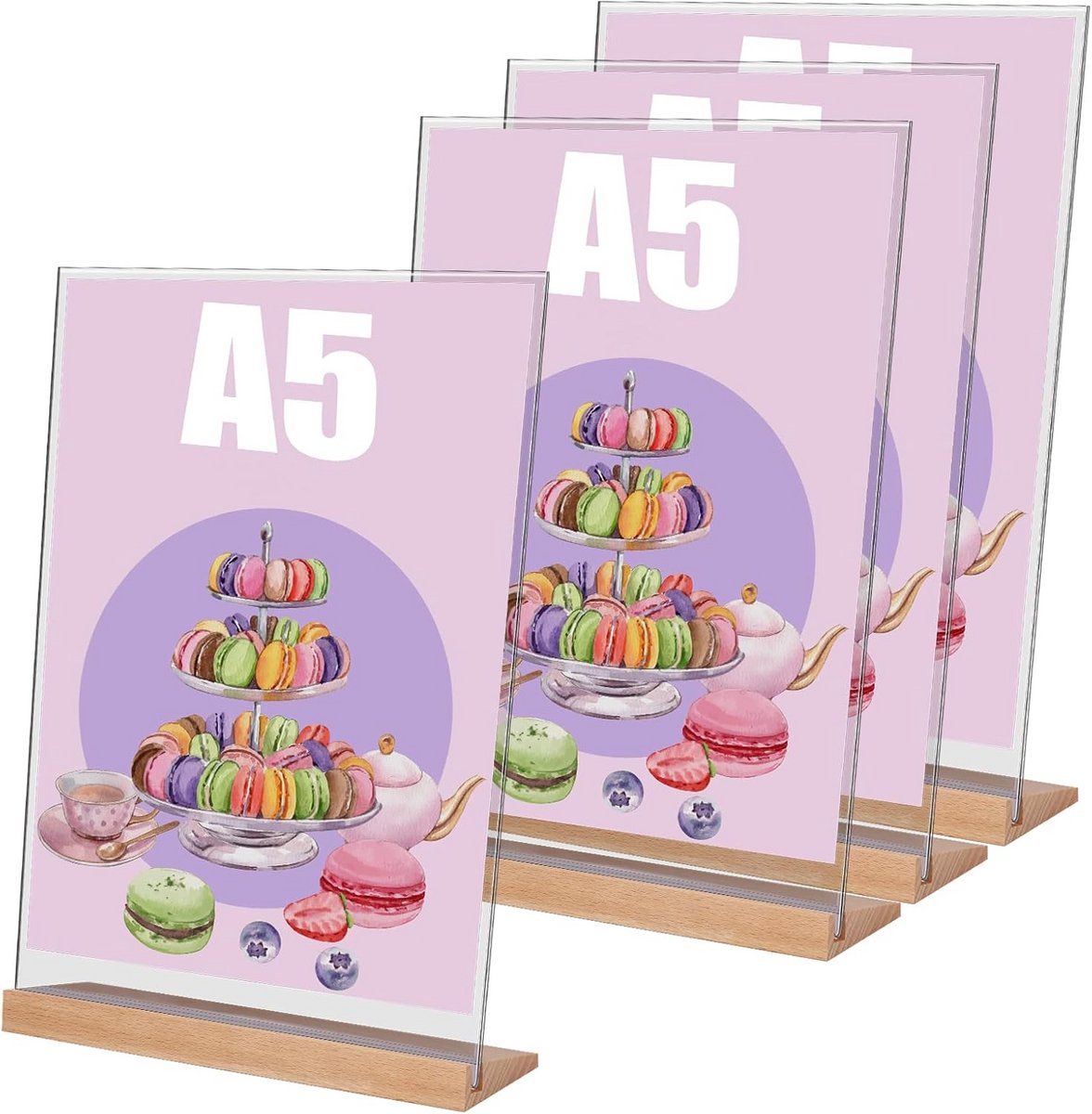 Set van 4 Acryl Tafelstandaards L-vorm met Houten Voet voor A5 Prijskaarten en Menu's