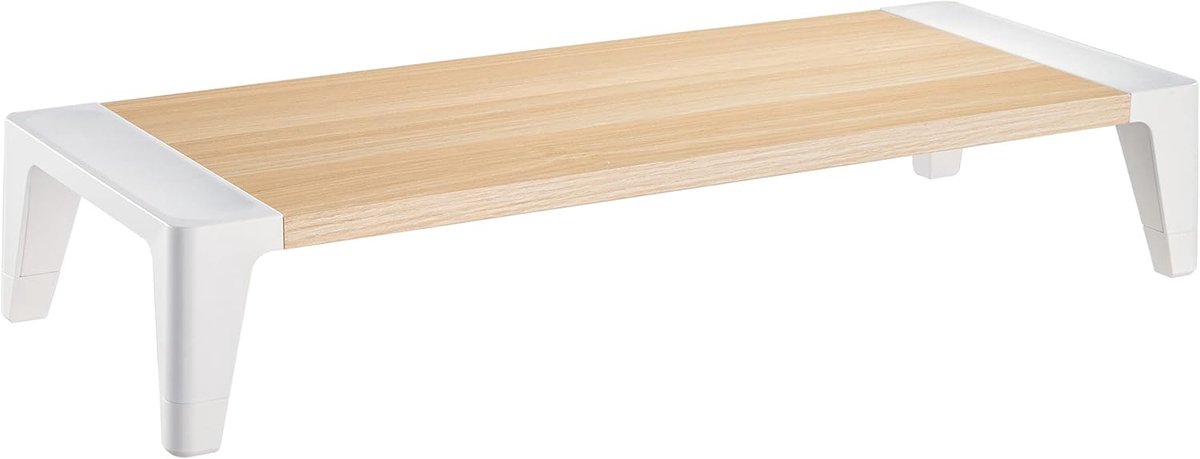 Famanu – Monitor stand 554 x 215 x 100 mm - bureau PC scherm verhoger - verhoogt beeldscherm - wit en hout kleuren - duurzaam - - geschikt voor laptops - monitors en werkstations