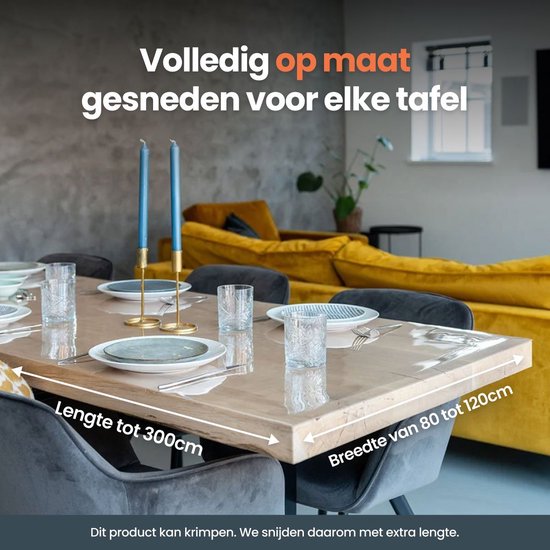 Eettafel met transparant tafelzeil, met vermelding van maximale lengte (300cm) en breedte (80-120cm).