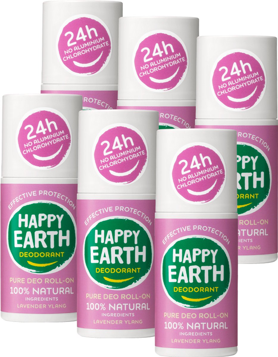 Happy Earth Bundel Deodorant Roller Lavender Ylang - 100% Natuurlijk - 24 uur Bescherming - 6x75mL – Aluminiumvrij – Alcoholvrij – Microplasticvrij – Voordeelverpakking