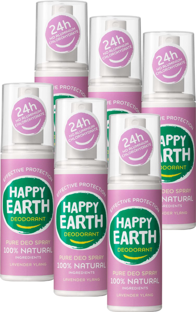 Happy Earth Bundel Deodorant Spray Lavender Ylang - 100% Natuurlijk - 24 uur Bescherming - 6x100mL