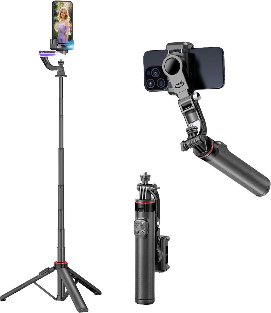 Casemania AI Gimbal Tripod met Face Tracking - Extra Lang Anti Shake Volgstatief Stabilisor - 360° Draaibaar AI Camera en Telefoon Statief met Bluetooth Afstandsbediening TikTok Vlog Oplaadbaar Stabilizer