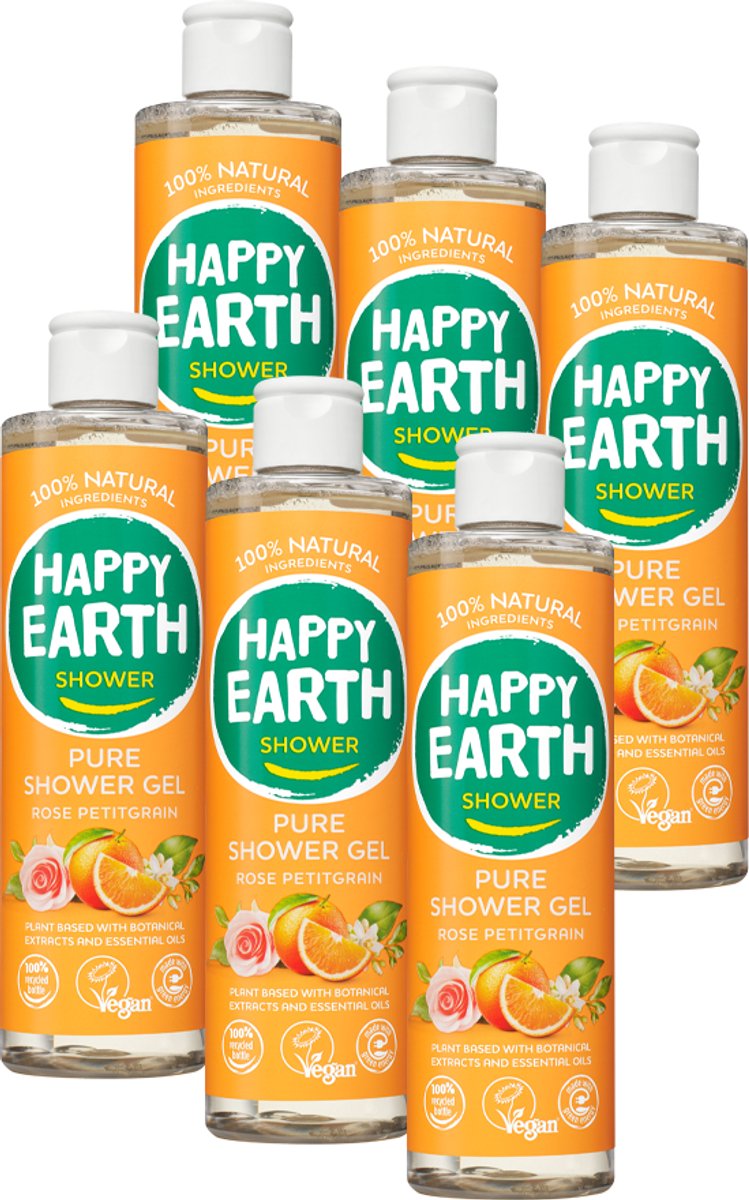 Happy Earth Bundel Douchegel Rose Petitgrain - 100% Natuurlijk - Microplasticvrij - Verzorgt en reinigt de huid – Microplasticvrij – Zonder SLS/SLES, parabenen en nare toevoegingen - 6x300mL – Voordeelverpakking