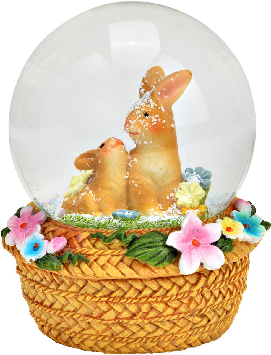 sneeuwbol konijn met jong met bloemen op voet in de vorm van een rieten hoed versierd met bloemen - Pasen - Paasdecoratie - Schudbol 9x6x6cm