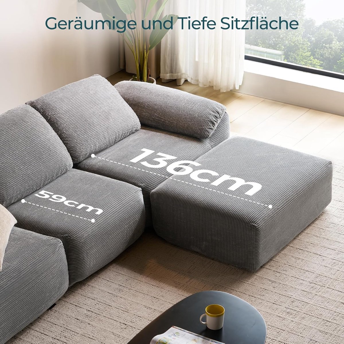 Sofa Bed 290x96x74 cm – Grey L-Shape Modular Corner Sofa with Sleep Function, Deep Seat, Corduroy Velvet Upholstery, Including Ottoman – Comfortable Lounge Couch for Living Room, Bedroom, Student Apartment – Abkantoor