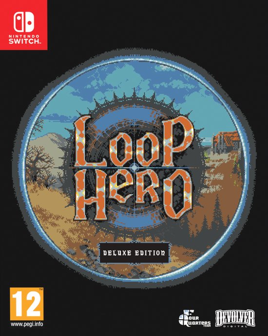 Loop Hero Deluxe Edition Nintendo Switch spelhoes met een cirkelvormig logo en een landschapsafbeelding.
