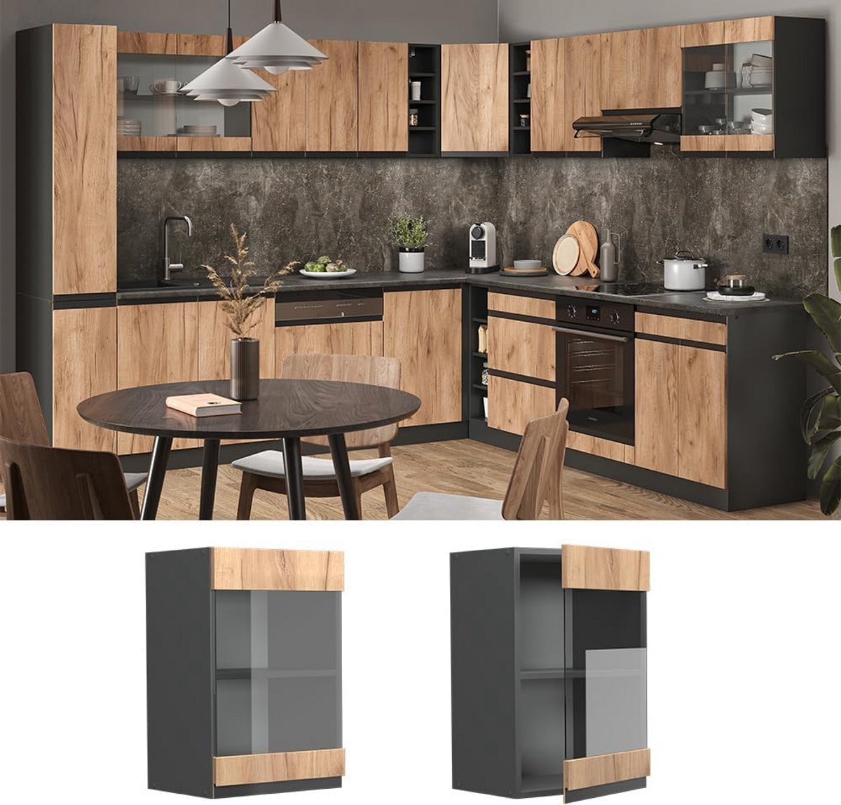 Wandglaskast 40 cm J-Shape Keukenmodule Eiken Goud en Antraciet
