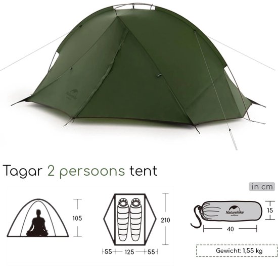 Naturehike Tagar 2 - 2 persoons lichtgewicht tent - Waterdichte kampeertent - 20D 4000MM - Inclusief grondzeil - Outdoor koepeltent - Groen van Naturehike — afbeelding 3
