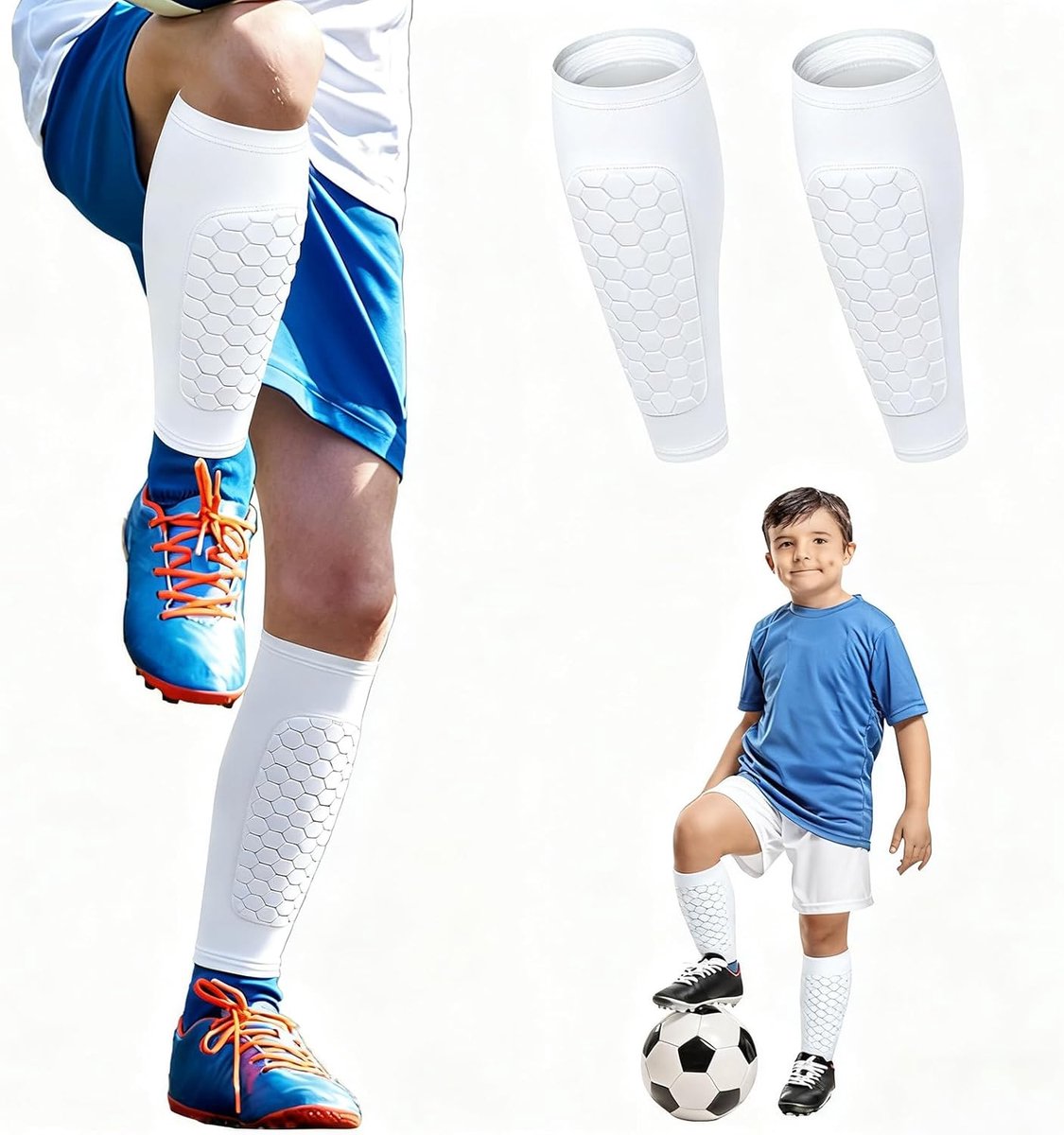 1125x1200.jpg Voetbal Scheenbeschermers - Compressie Mouwen - Impact Bescherming - Honingraat Structuur - Maat S - Wit - Afbeelding 1