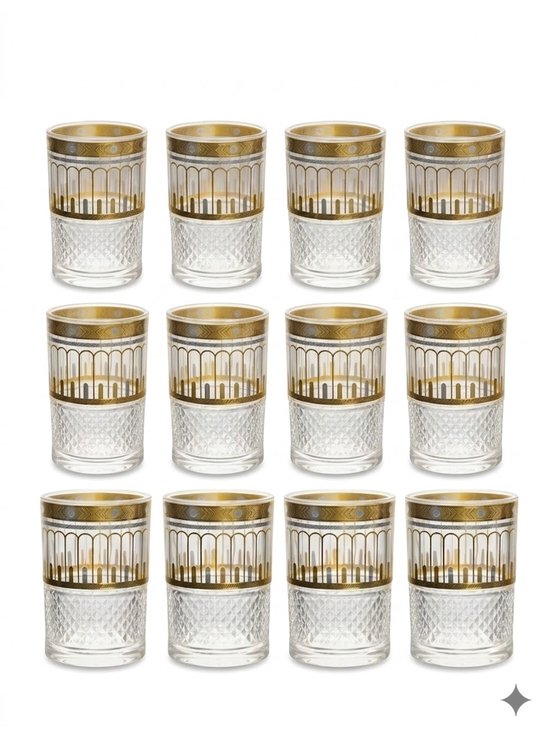 Marokkaanse Theeglazen Set - 12 Stuks - Thee Glazen - Oosterse Theeglazen met Goud Motief - voor Muntthee, Koffie en Desserts - 160 ml