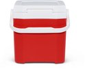 Kleine rode koelbox met een wit deksel en handvat.