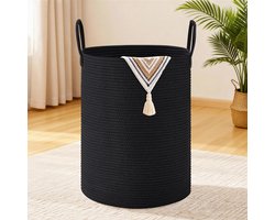 Wasmand, opbergmand, geweven mand, grote ronde wasmand van 72 liter met katoenen handvatten voor de kinderkamer, mand voor dekens en speelgoed voor de woonkamer of wasruimte, zwart