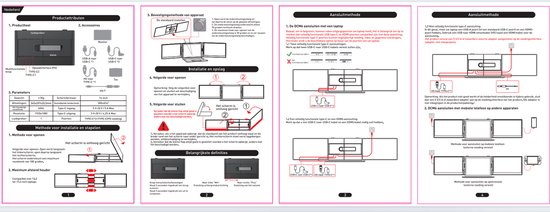 Grijze, opvouwbare dubbele monitor met twee 14-inch schermen, aangesloten op een laptop met USB-C kabels.