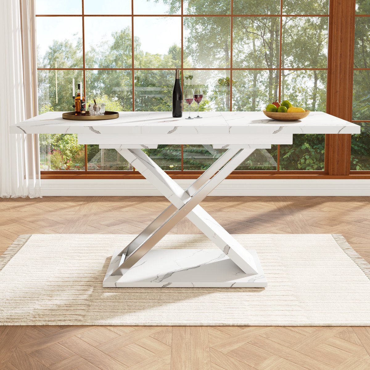 REDOM - Eettafel - Uitschuifbaar - Kruispoten - Marmerlook - Keuken Of Woonkamer - MDF En Metaal - Wit - 118-157 X 75 X 76,4 Cm