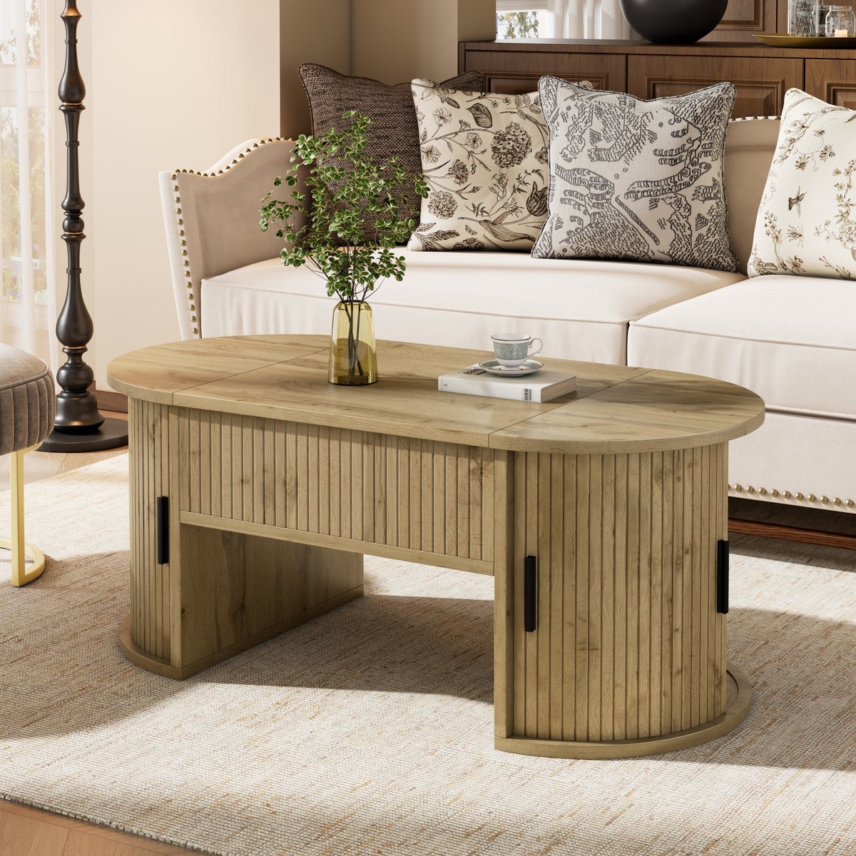 Wishdor Lift-Top Salontafel 100x50 cm - In Hoogte Verstelbaar met Verborgen Opbergruimte - Latten Design - Eikenhout Look