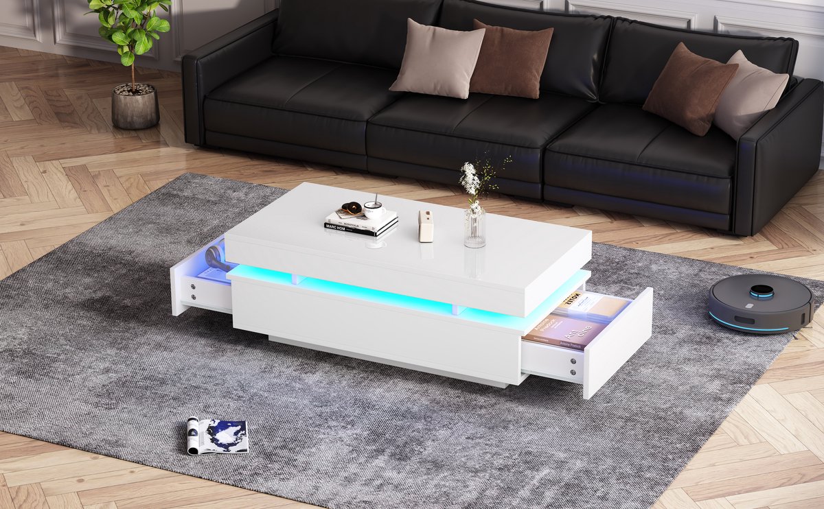 Wishdor Salontafel - 2 Laden - Met Verlichting - Modern - Voor De Woonkamer - Spaanplaat - Wit - 100 X 50 X 35 Cm