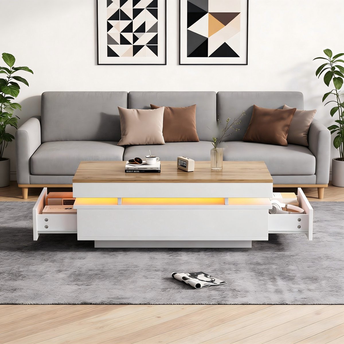 Wishdor Salontafel Met 2 Lades En Ledverlichting - Modern - Voor Woonkamer - Spaanplaat - Wit En Houtkleur - 100 X 50 X 35 Cm Wit, Hout