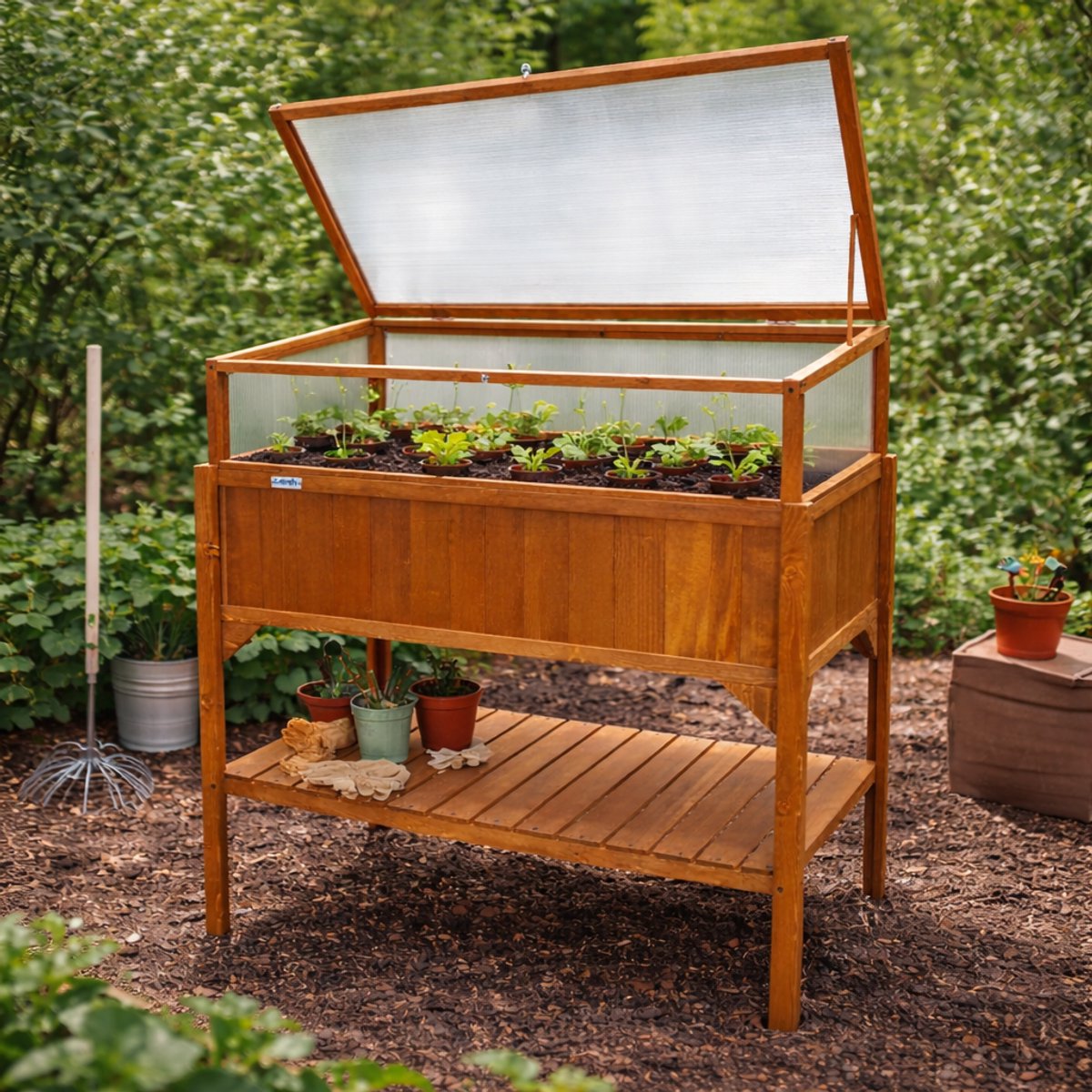 Lendo Online Plantenbak met kweekbak - bloembak - moestuinbak - oppottafel met tuinkas - balkonbak - 97,5x49x120 cm vurenhout - bruin