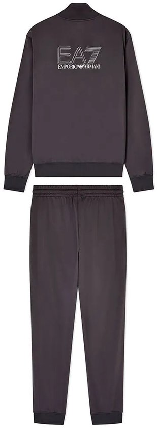 Donkergrijs EA7 Emporio Armani trainingspak, bestaande uit een jack met ritssluiting en een lange broek.