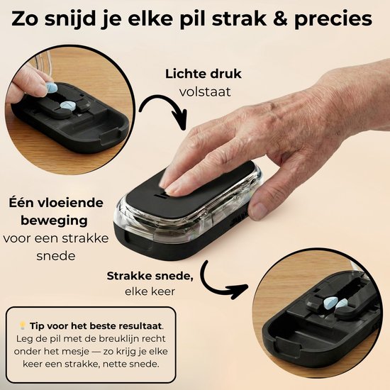 Pillensnijder met Pillendoos 2-in-1 – Kleine & Grote Pillen – Snijdt in ½ & ¼ – Compact & Gebruiksvriendelijk – BPA-vrij – Zwart