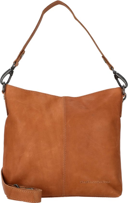 Cognac leren schoudertas, merk 'The Chesterfield Brand' met metalen gespen.