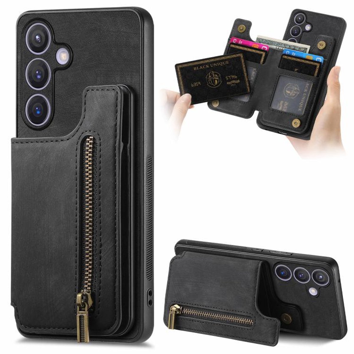 Silicone TPU en kunstleer kickstand retro zwart back cover hoesje case met rits - pasjeshouder - telefoonhoesje geschikt voor de Samsung Galaxy A57 5G