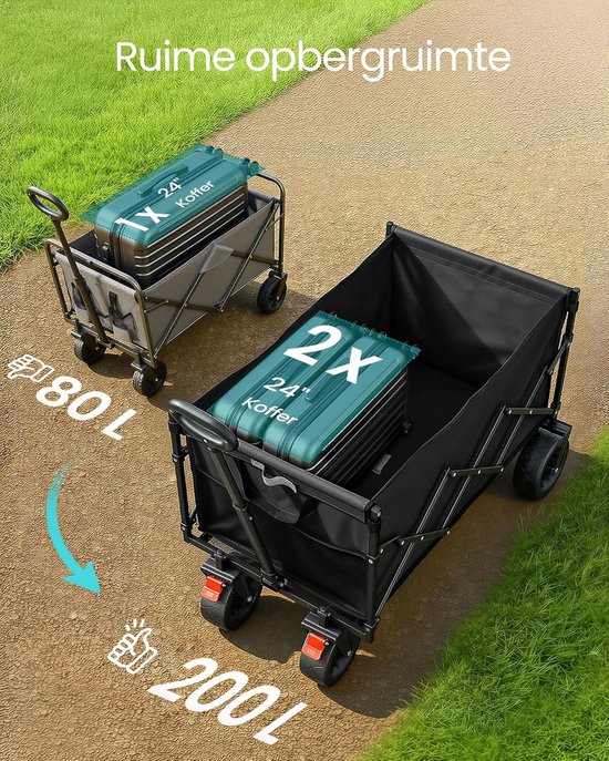Opvouwbare bolderkar zwart 200L - inklapbare handkar met handvat - camping kar - tuinwagen - transportkar 180kg - stevige wielen - strandkar van Merkloos — afbeelding 4
