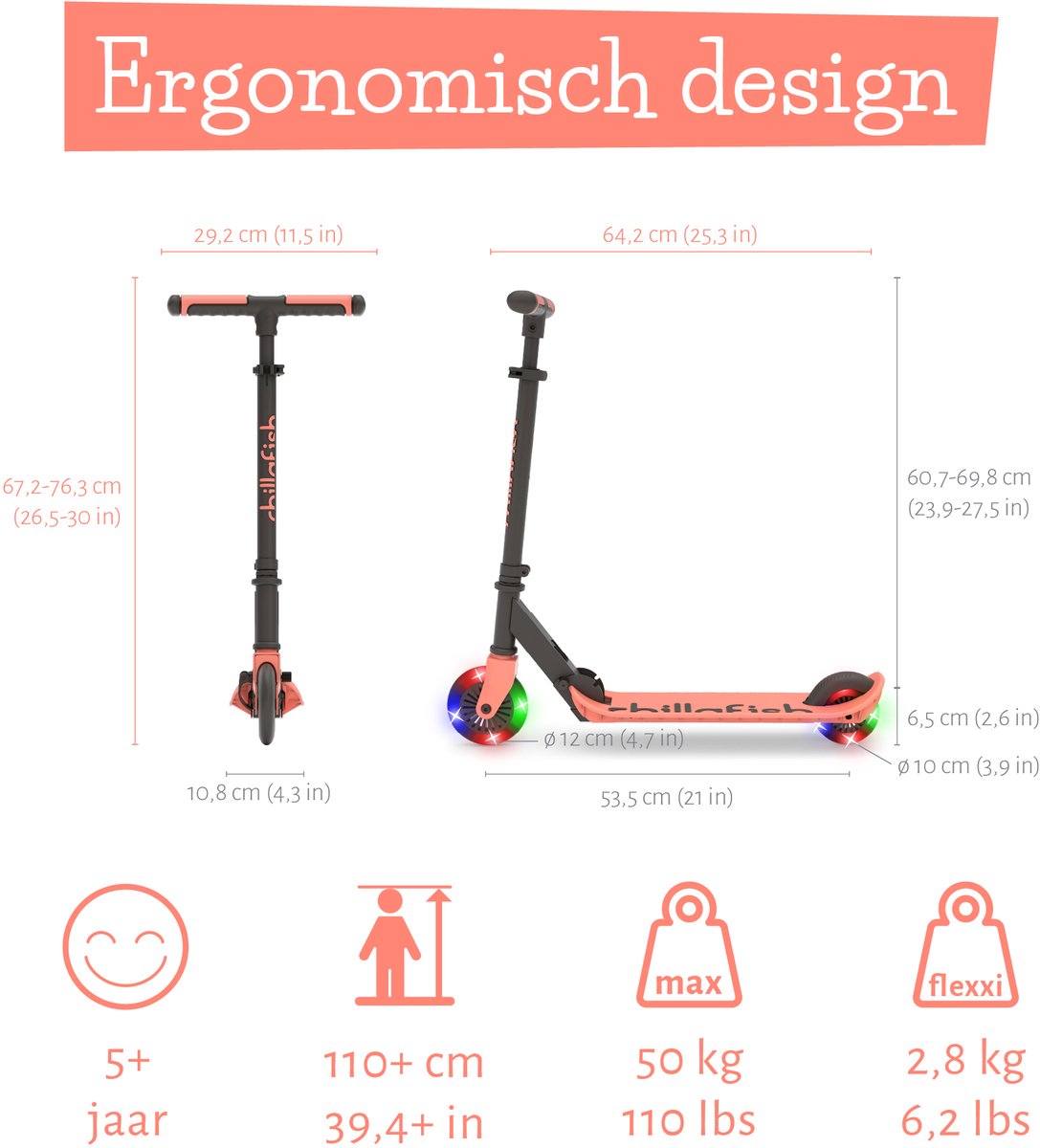Chillafish Kinderstep jongens en meisjes vanaf 5 jaar met LED wielen - Roze - Step met verstelbaar stuur en voetrem - Opvouwbaar en lichtgewicht met ABEC-5 wielen - Geen batterijen nodig - Model Flexxi Glow — afbeelding 11