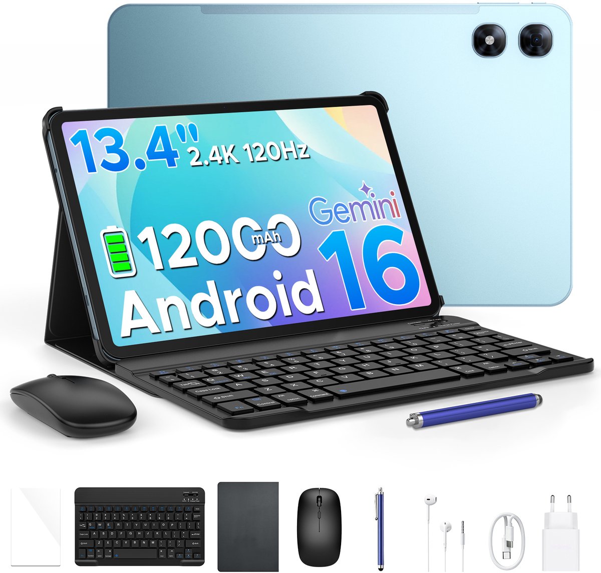 POCKAM P13 Pro Tablets - 12 GB RAM + 256 GB ROM (2 TB/TF) - 13,4 inch tablet FHD+ 120 Hz – Android 16 - UNISOC T7280 - 12000 mAh/18W - 4G LTE - Wi-Fi 5 - Bluetooth 5.0 - Inclusief toetsenbord, muis, Stylus en hoesje - Dubbele luidsprekers - Blauw