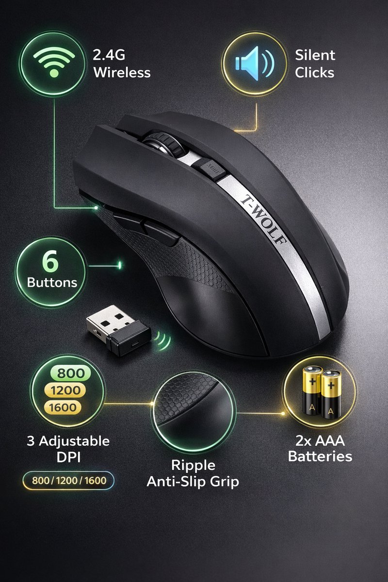 Draadloze Muis 2.4G - 6 Knoppen - Stille Klik - Instelbare DPI 800/1200/1600 - USB Ontvanger - Zwart